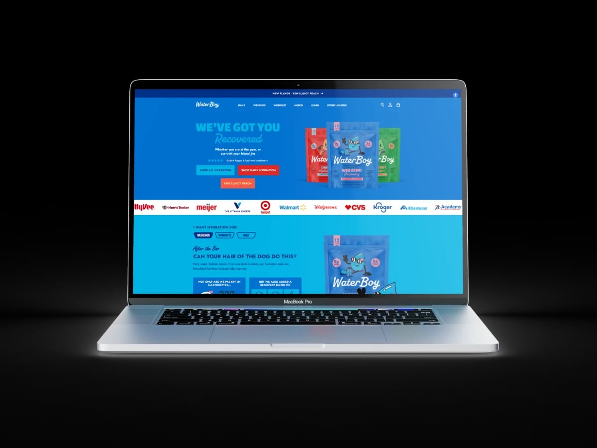 WaterBoy storefront displayed on a MacBook Pro
